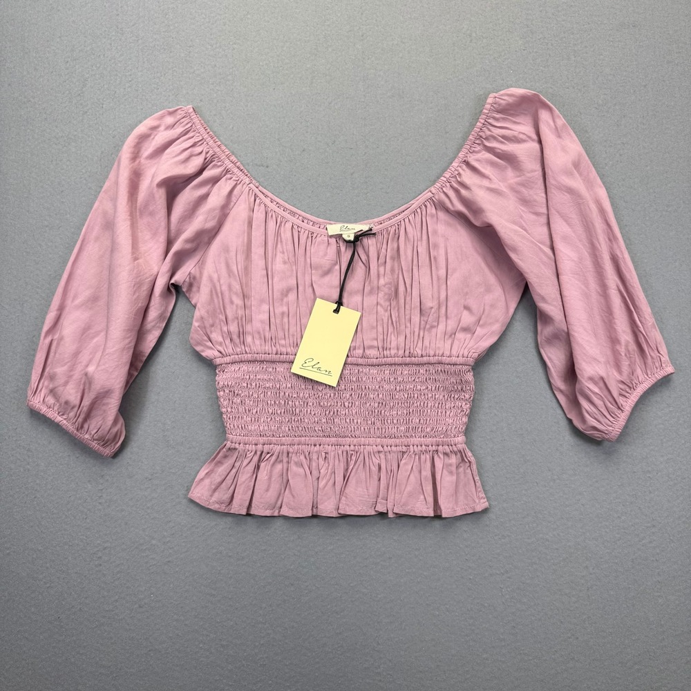 Elan Lilac Off Shoulder Smock Top NWT Small 3/4 Sleeve Peplum Ruffle Hem Boho‎